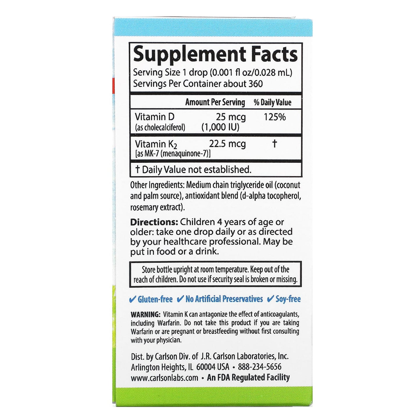 Carlson Labs, Kid's Super Daily® D3 + K2, 0.34 fl oz (10.16 ml) UPC 088395105302 | HiLife Vitamins