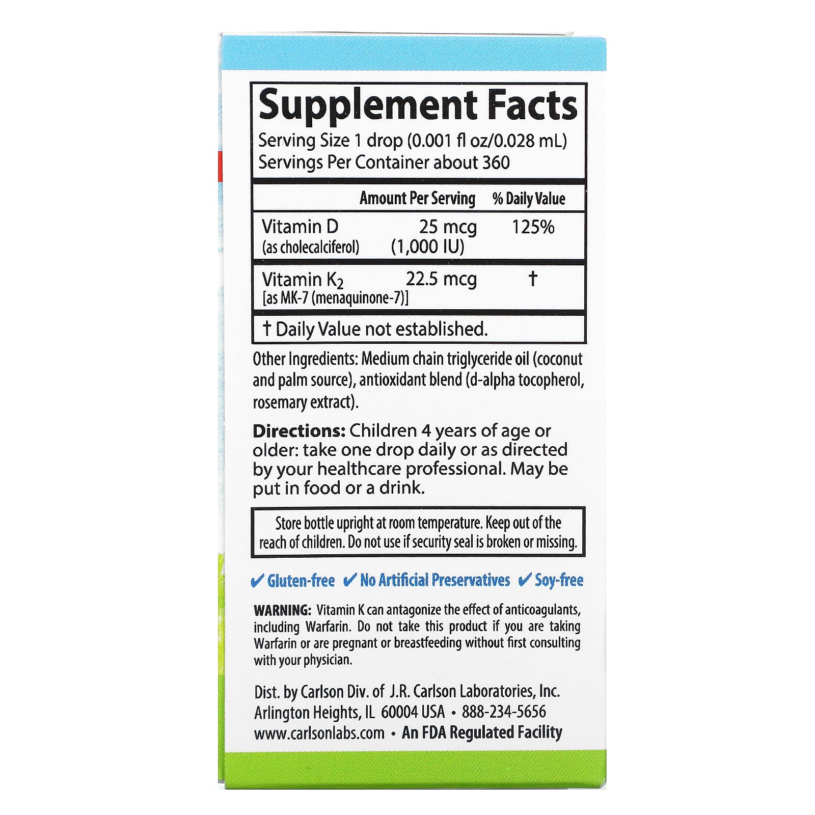 Carlson Labs, Kid's Super Daily® D3 + K2, 0.34 fl oz (10.16 ml) UPC 088395105302 | HiLife Vitamins