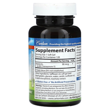 Carlson Labs, K2 MK-7 90mcg, 120 Softgels UPC 088395107207 | HiLife Vitamins