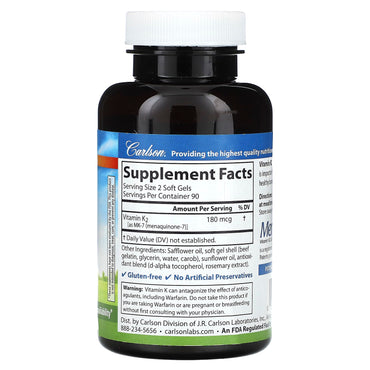 Carlson Labs, K2 MK-7 180mcg, 180 Softgels UPC 088395108303 | HiLife Vitamins