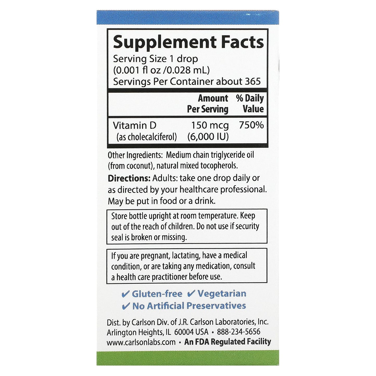 Carlson Labs, Super Daily D3 6,000 IU/ Drop, .35 Oz UPC 088395120008 | HiLife Vitamins