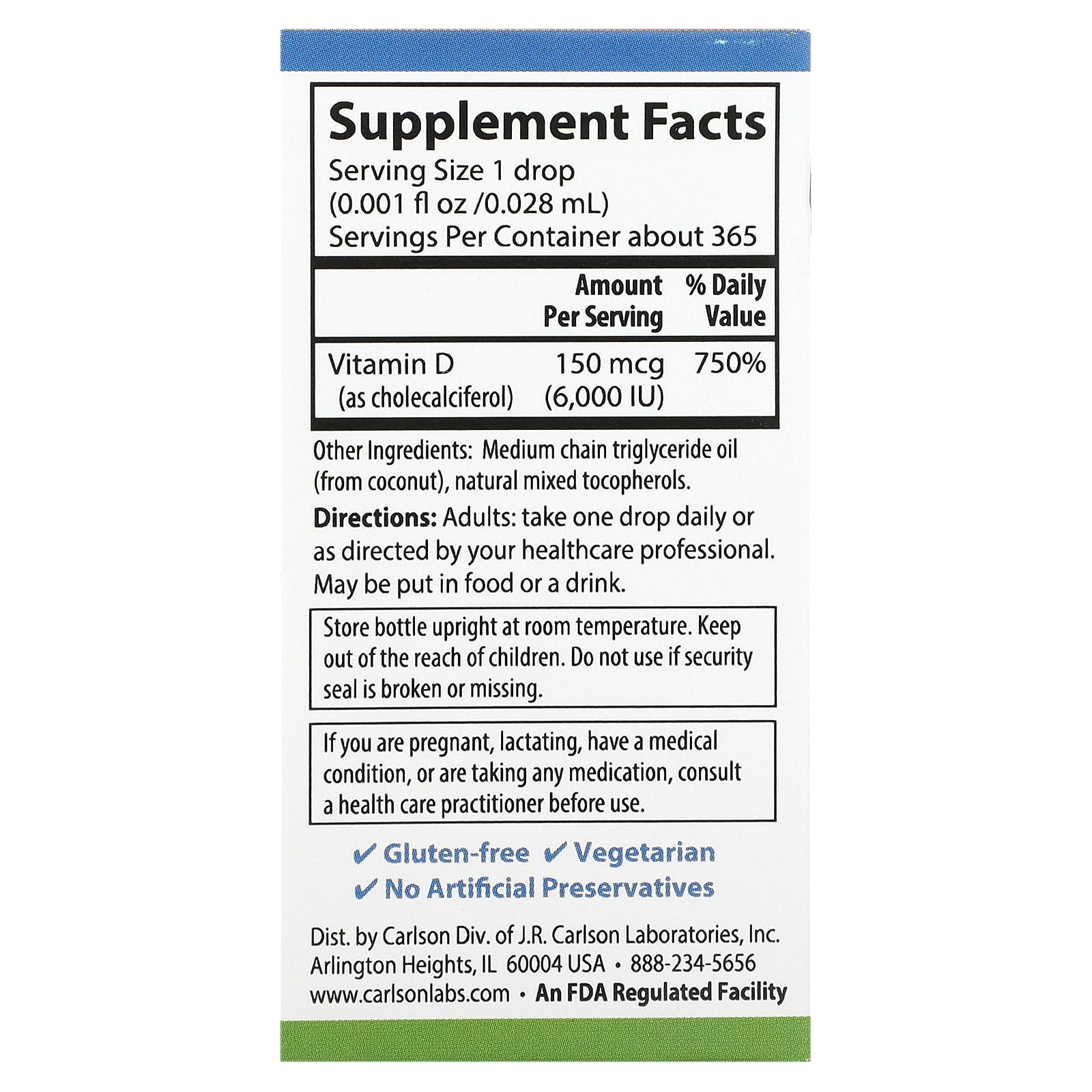 Carlson Labs, Super Daily D3 6,000 IU/ Drop, .35 Oz UPC 088395120008 | HiLife Vitamins