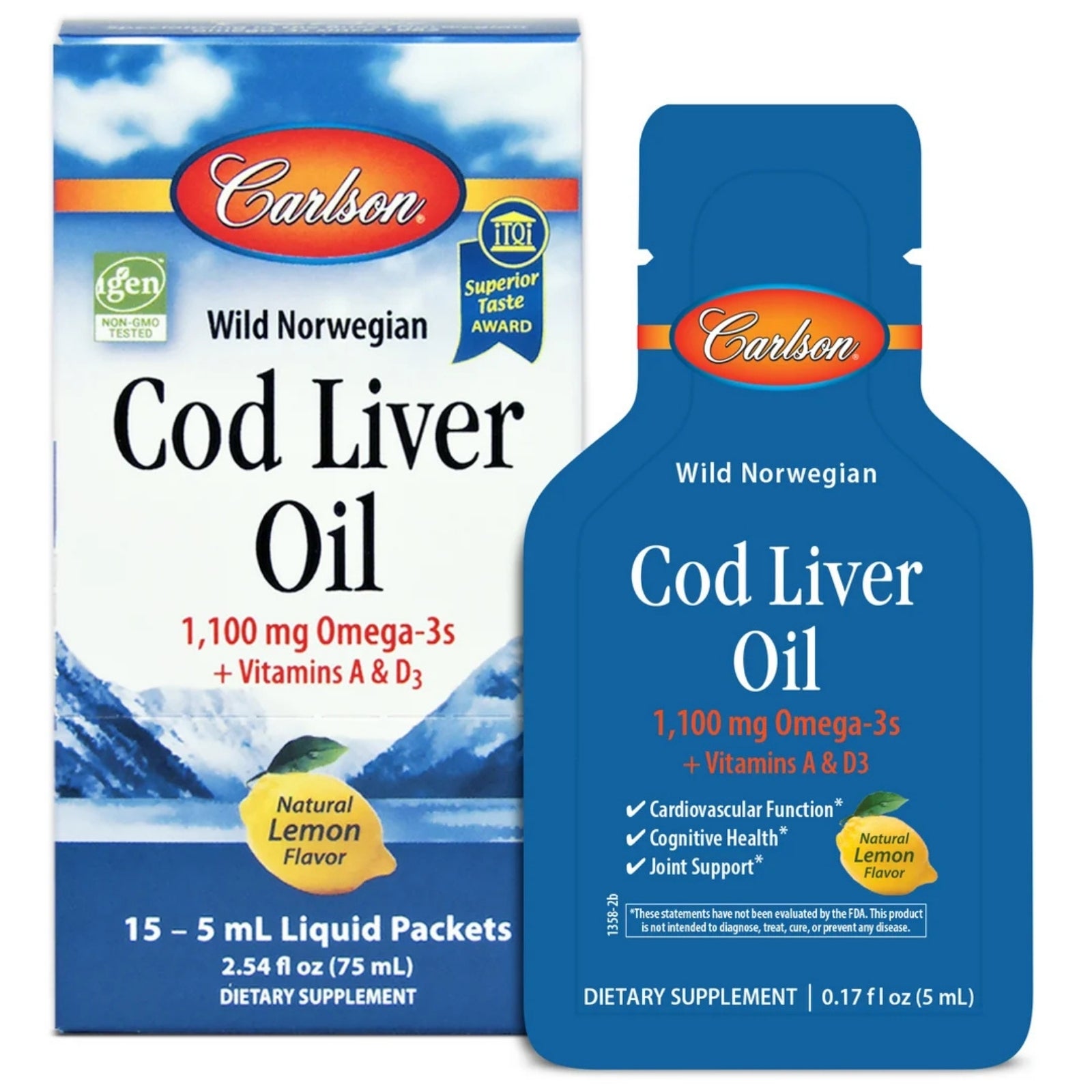 Carlson Labs, Cod Liver Oil, 15 - 5 mL Liquid Packets UPC 088395135705 | Hilife Vitamins