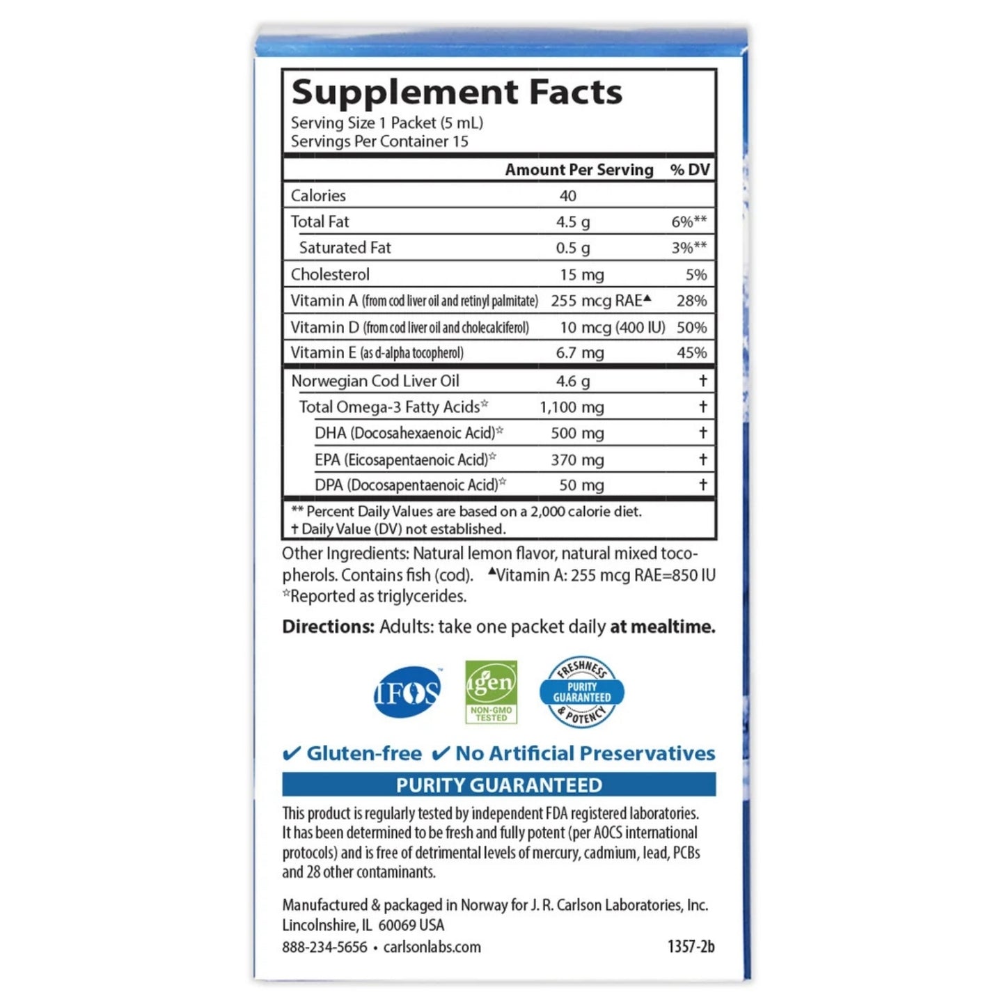 Carlson Labs, Cod Liver Oil, 15 - 5 mL Liquid Packets UPC 088395135705 | Hilife Vitamins