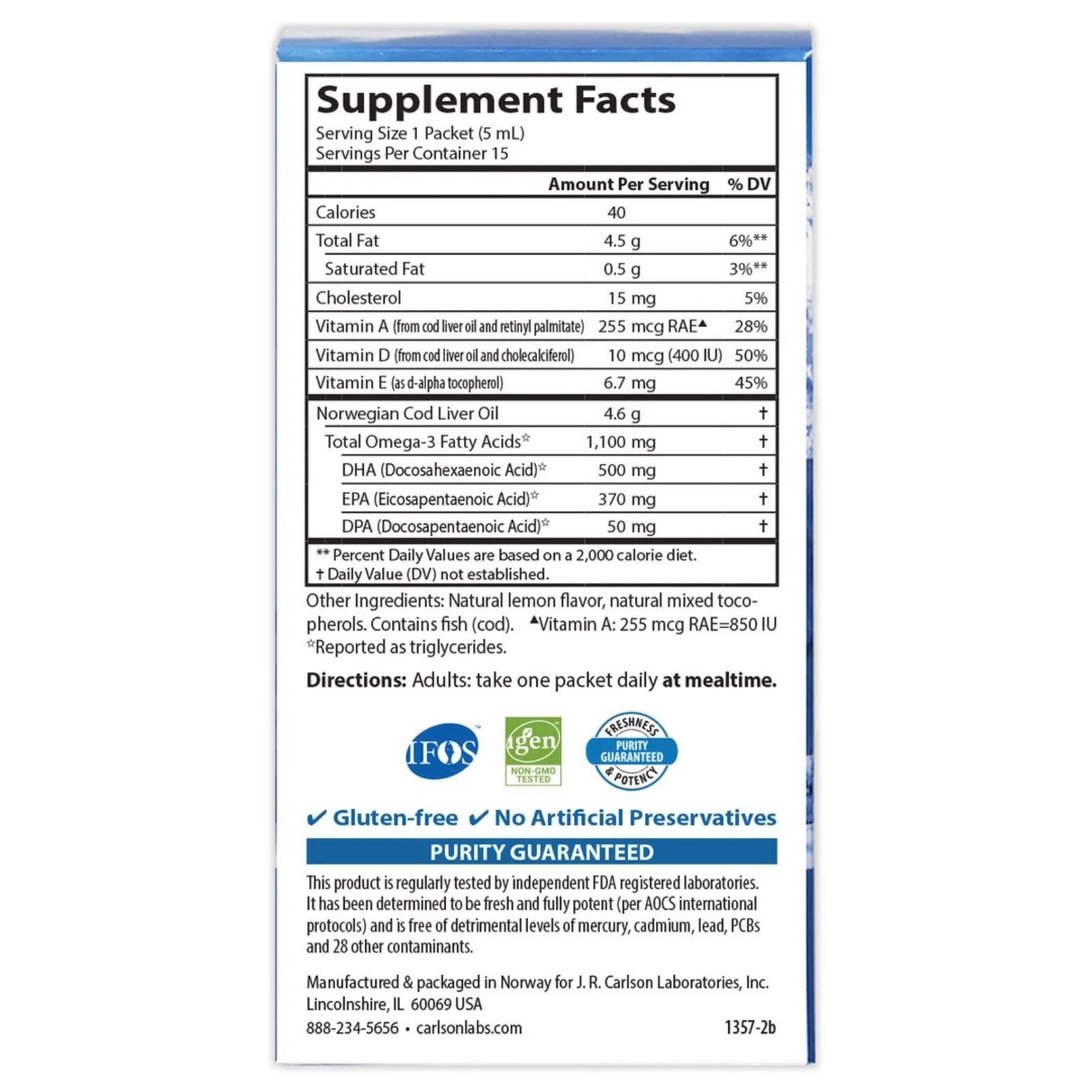 Carlson Labs, Cod Liver Oil, 15 - 5 mL Liquid Packets UPC 088395135705 | Hilife Vitamins