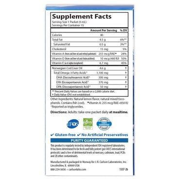 Carlson Labs, Cod Liver Oil, 15 - 5 mL Liquid Packets UPC 088395135705 | Hilife Vitamins