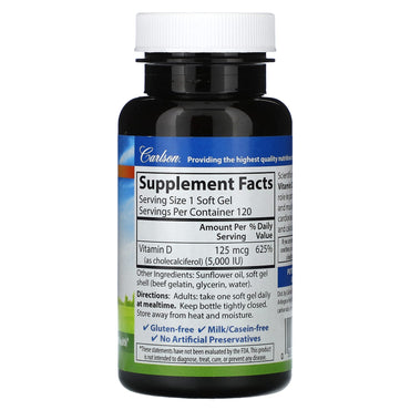 Carlson Labs, Vitamin D 5000 IU, 120 Softgels UPC 088395141102 | HiLife Vitamins