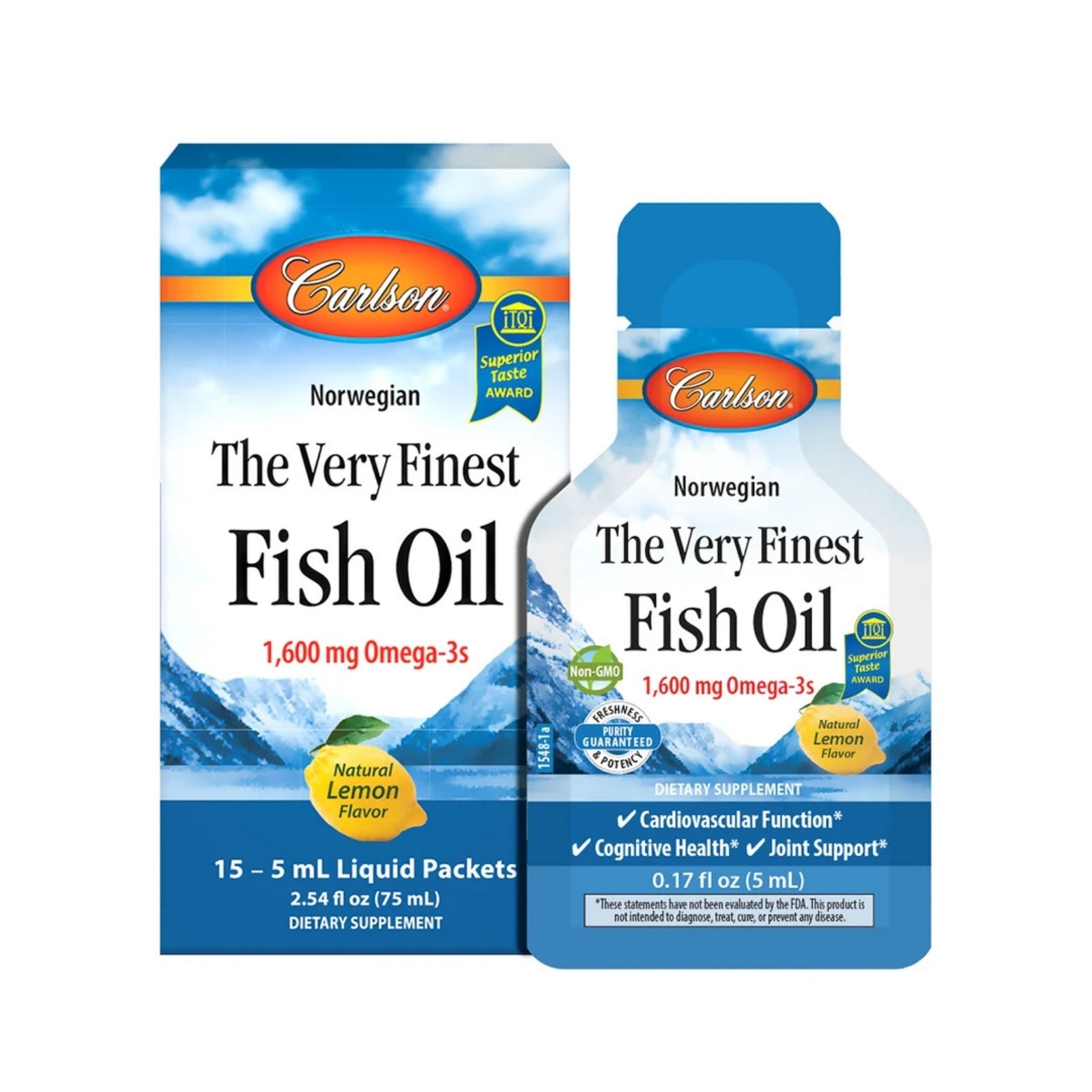 Carlson Labs, The Very Finest Fish Oil, Natural Lemon Flavor, 15 - 5 mL Liquid Packets UPC 088395154706 | Hilife Vitamins
