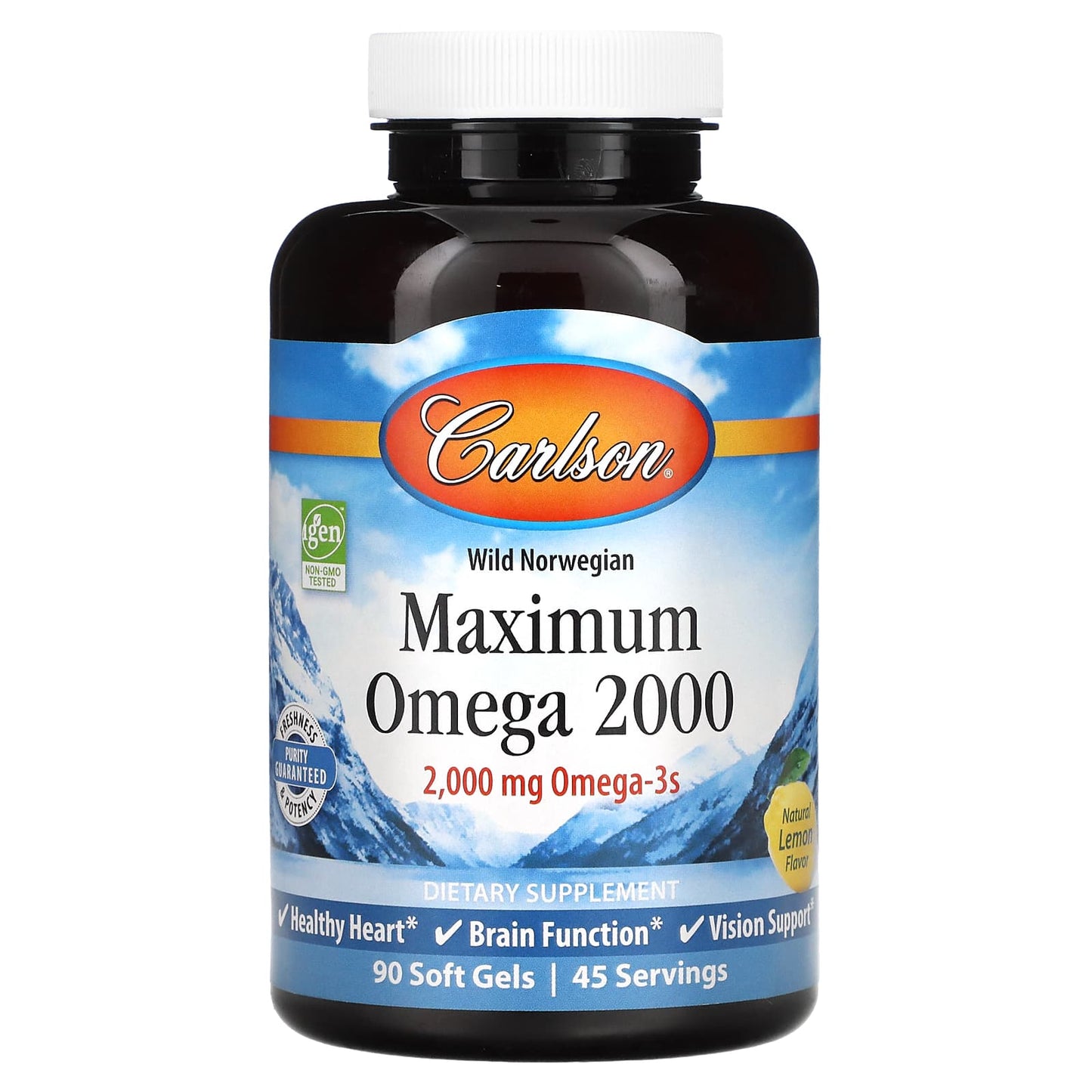 Carlson Labs, Wild Norwegian, Maximum Omega 2000, Natural Lemon, 90 Softgels UPC 088395172106 | HiLife Vitamins