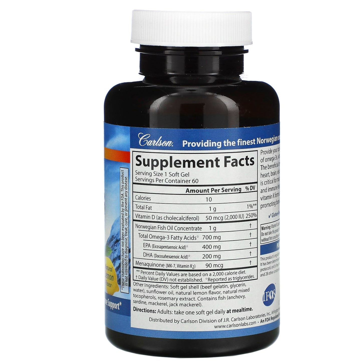 Carlson Labs, Elite Omega-3 + D & K, 60 Softgels UPC 088395175107 | HiLife Vitamins
