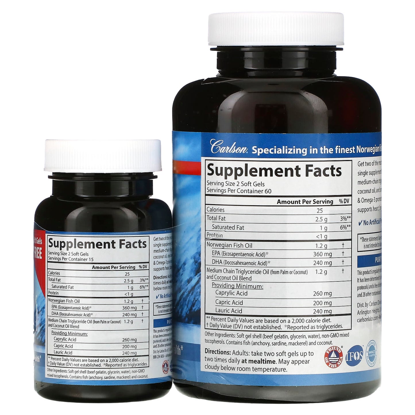 Carlson Labs, MCT & Omega-3, 120 + 30 Free Soft Gels UPC 088395176401 | HiLife Vitamins