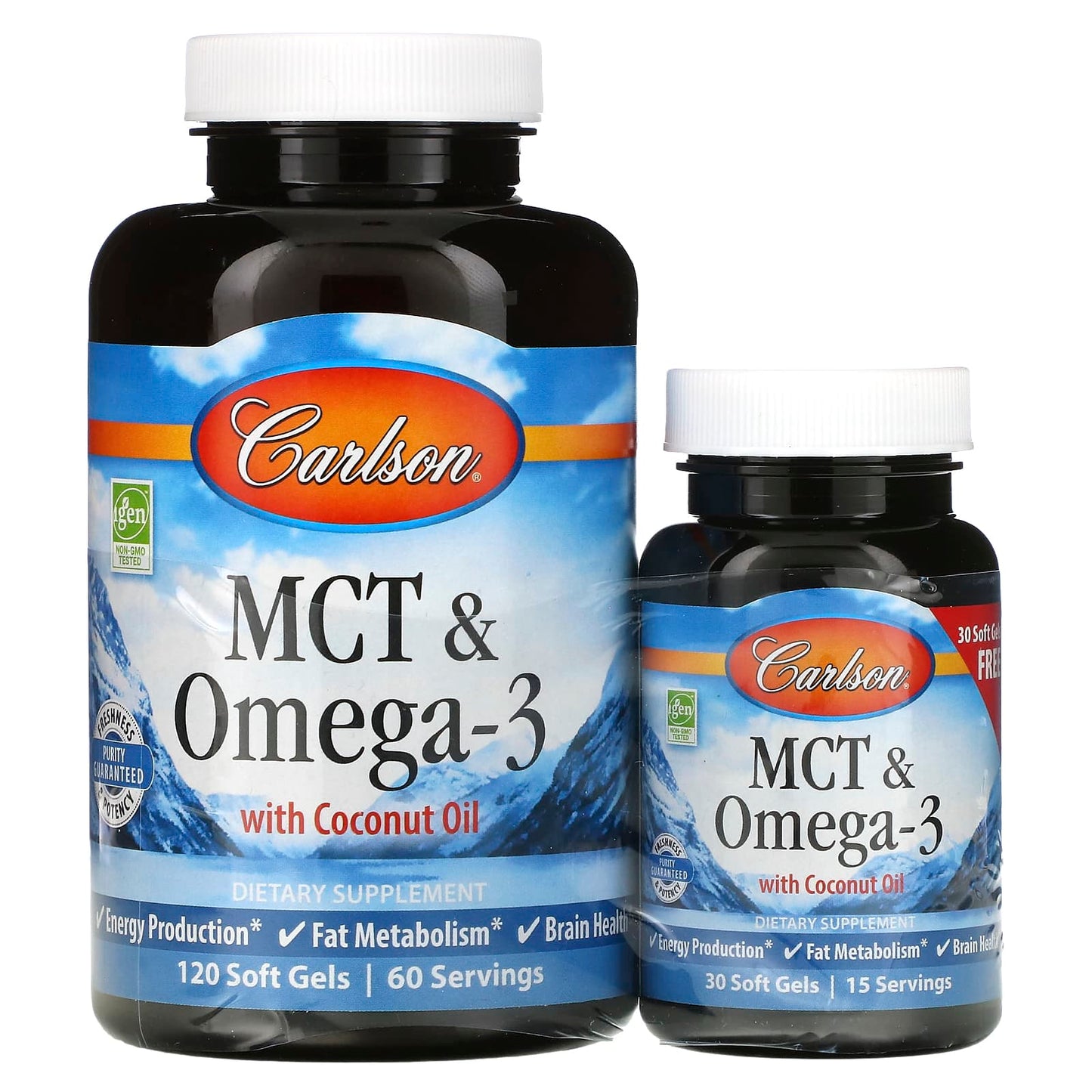 Carlson Labs, MCT & Omega-3, 120 + 30 Free Soft Gels UPC 088395176401 | HiLife Vitamins
