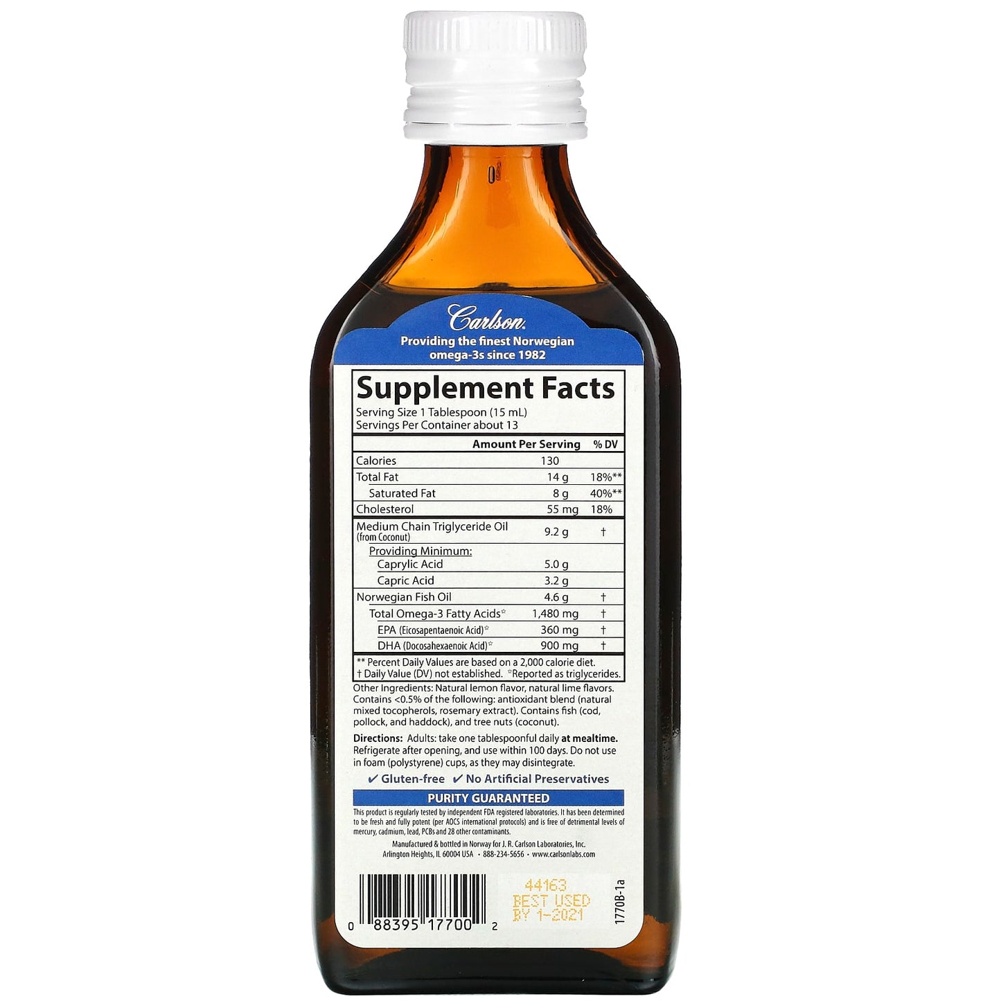 Carlson Labs, MCT & Omega-3 13 Servings, 200 ml UPC 088395177002 | HiLife Vitamins
