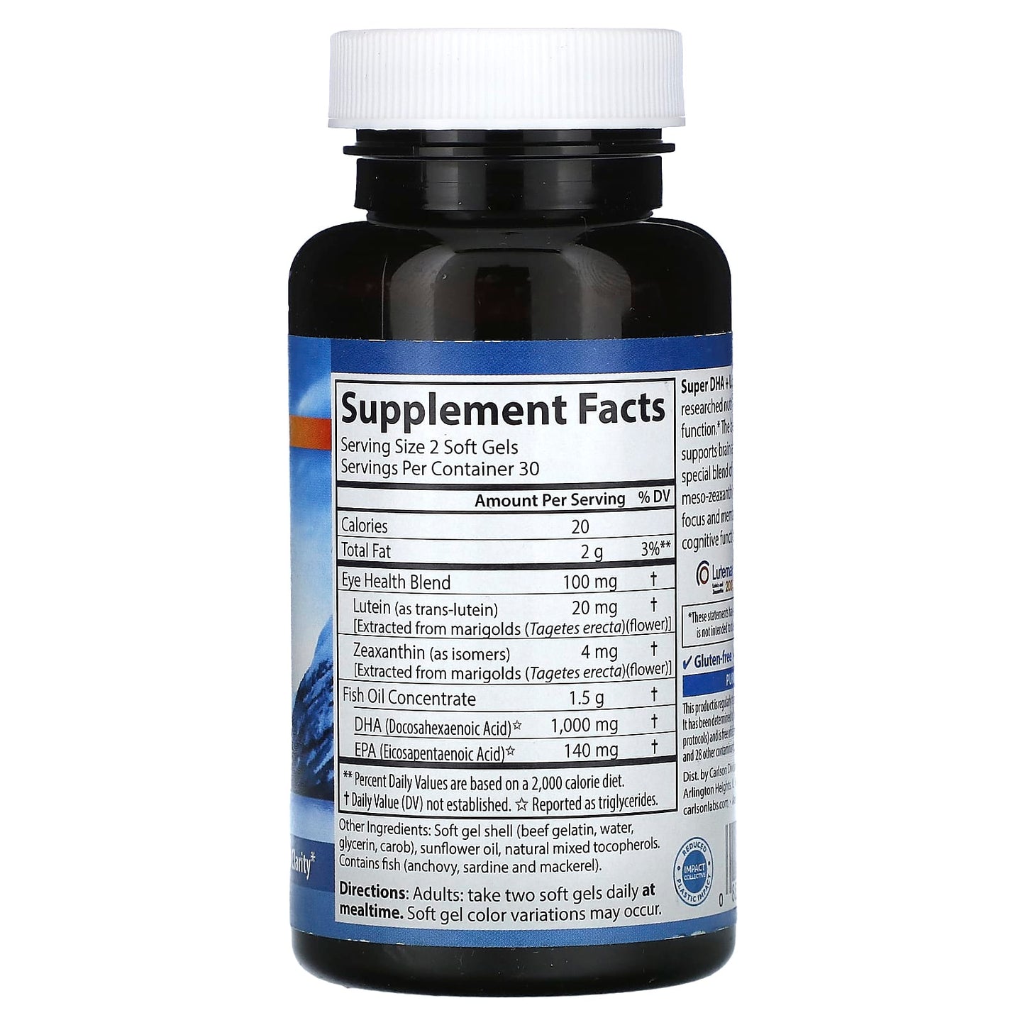 Carlson Labs, DHA + Lutein, 60 Softgels UPC 088395188107 | HiLife Vitamins