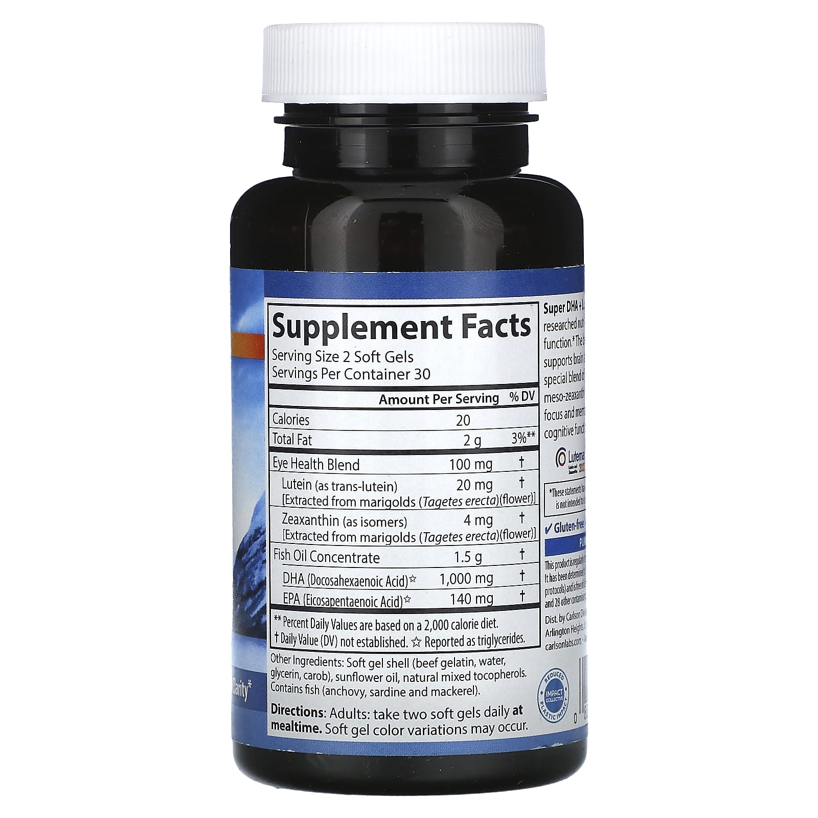 Carlson Labs, DHA + Lutein, 60 Softgels UPC 088395188107 | HiLife Vitamins