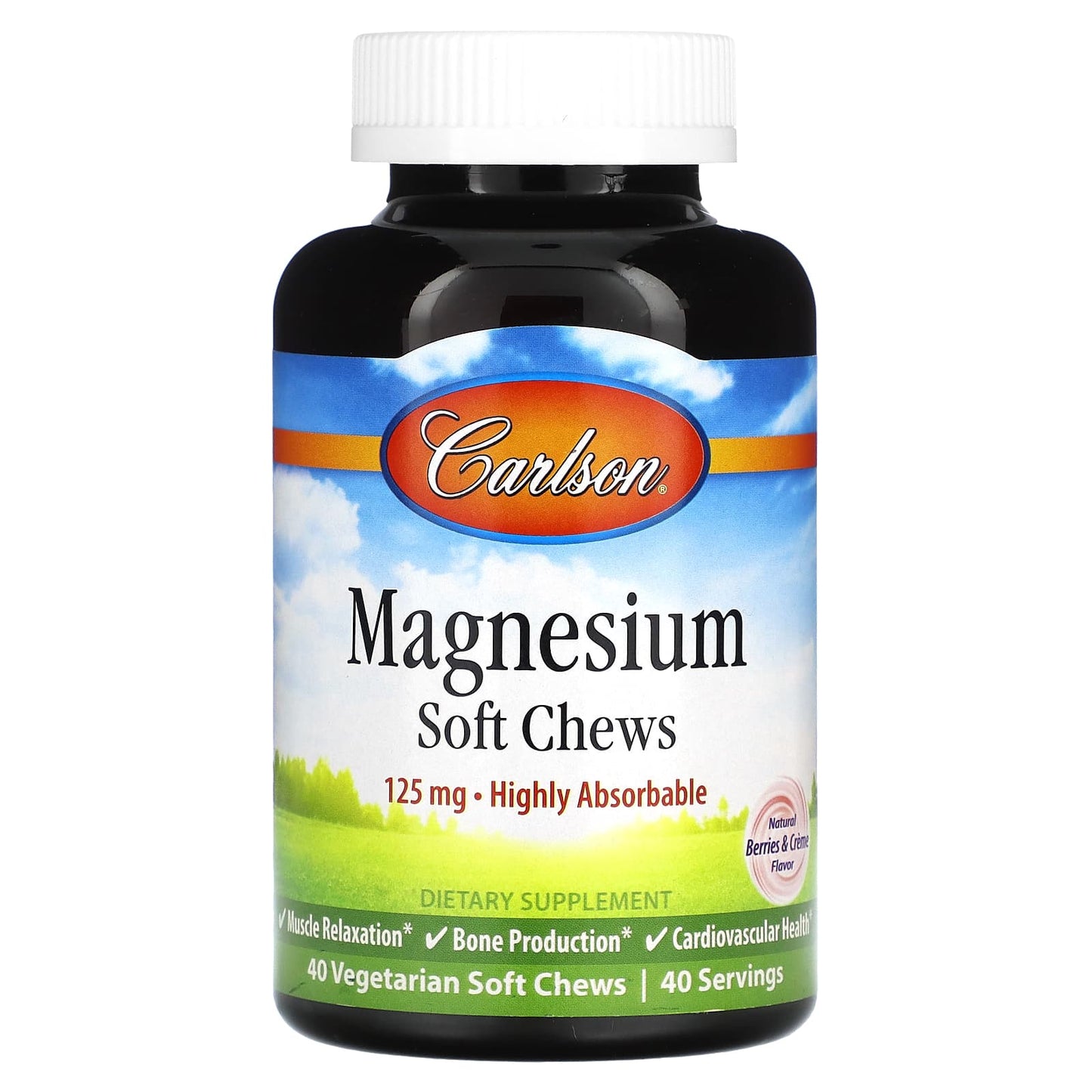 Carlson Labs, Magnesium, Natural Berries & Creme, 125 mg, 40 Vegetarian Soft Chews UPC 088395580604 | HiLife Vitamins