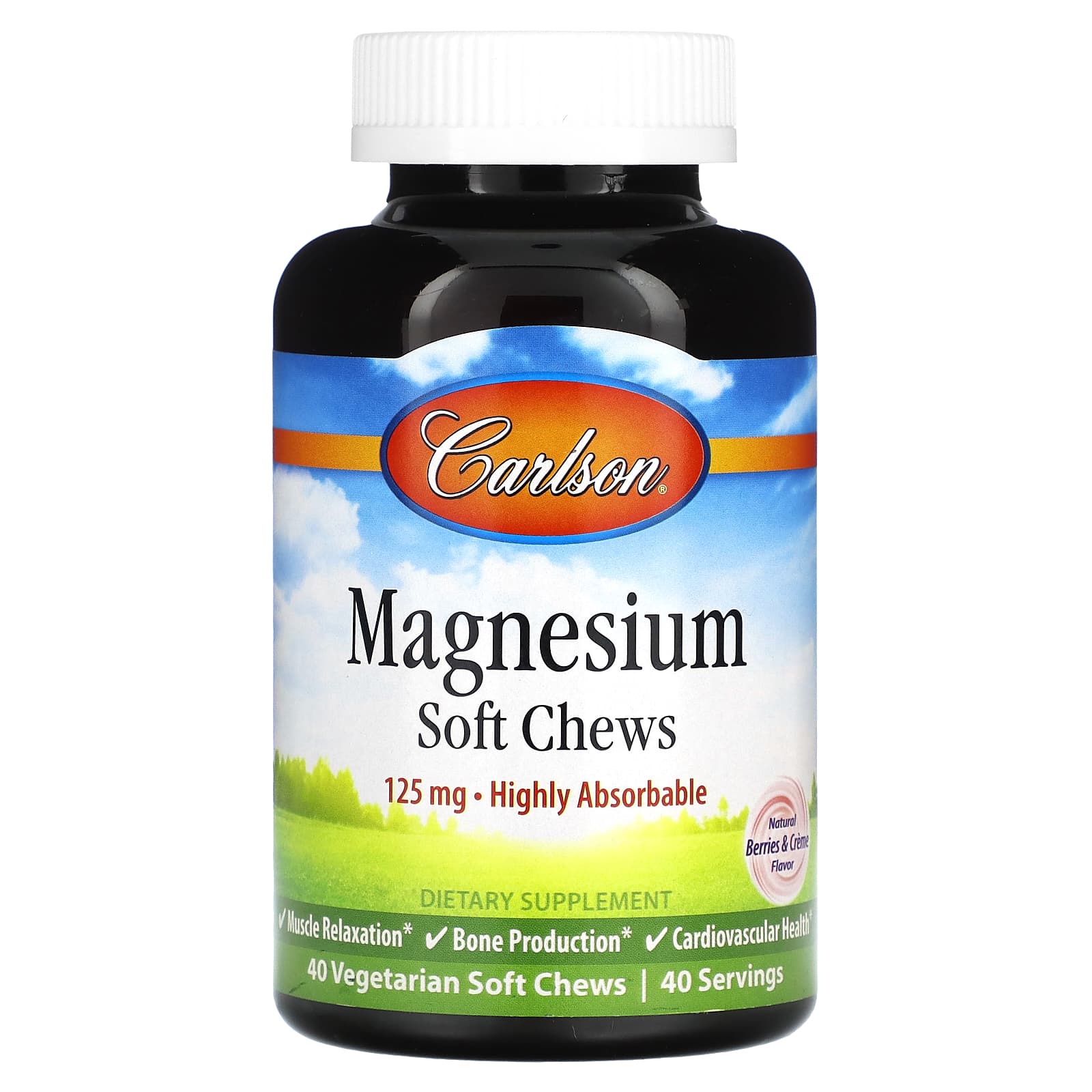 Carlson Labs, Magnesium, Natural Berries & Creme, 125 mg, 40 Vegetarian Soft Chews UPC 088395580604 | HiLife Vitamins