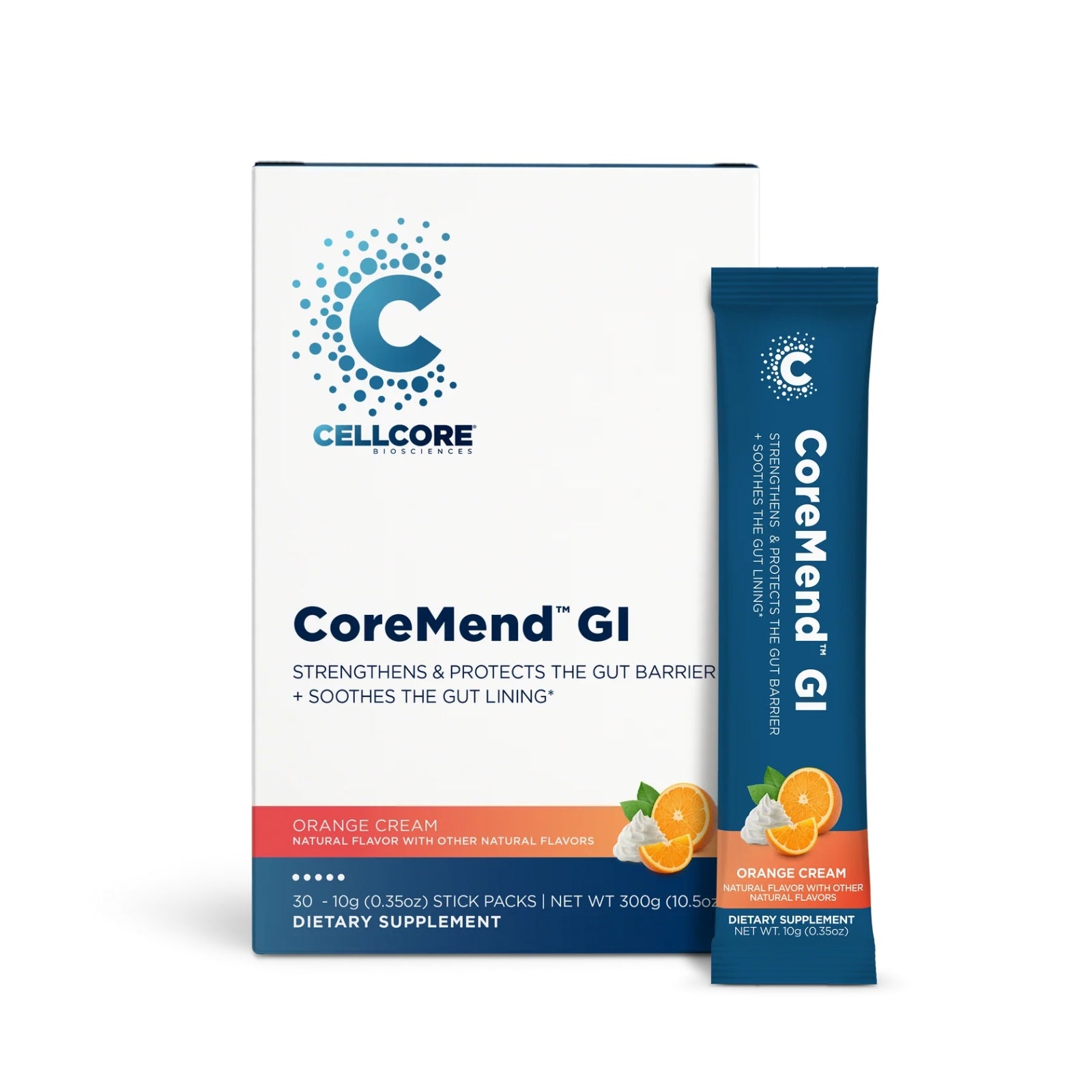 CellCore Biosciences, CoreMend™ GI, Orange Cream, 30 - 10g (0.35oz) Stick Packs UPC 810131151003 | Hilife Vitamins