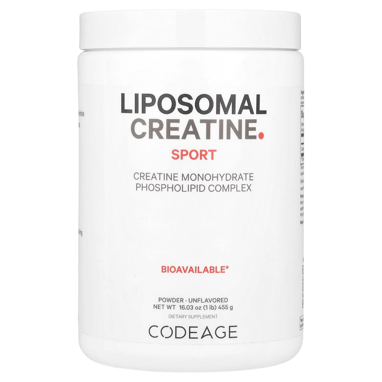 Codeage, Liposomal Creatine Sport, Monohydrate Phospholipid Complex Powder, Unflavored, 5,000 mg, 1 lb (455 g) UPC 850026121223 | HiLife Vitamins