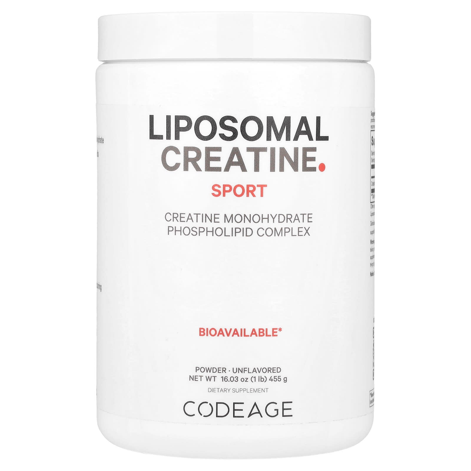 Codeage, Liposomal Creatine Sport, Monohydrate Phospholipid Complex Powder, Unflavored, 5,000 mg, 1 lb (455 g) UPC 850026121223 | HiLife Vitamins