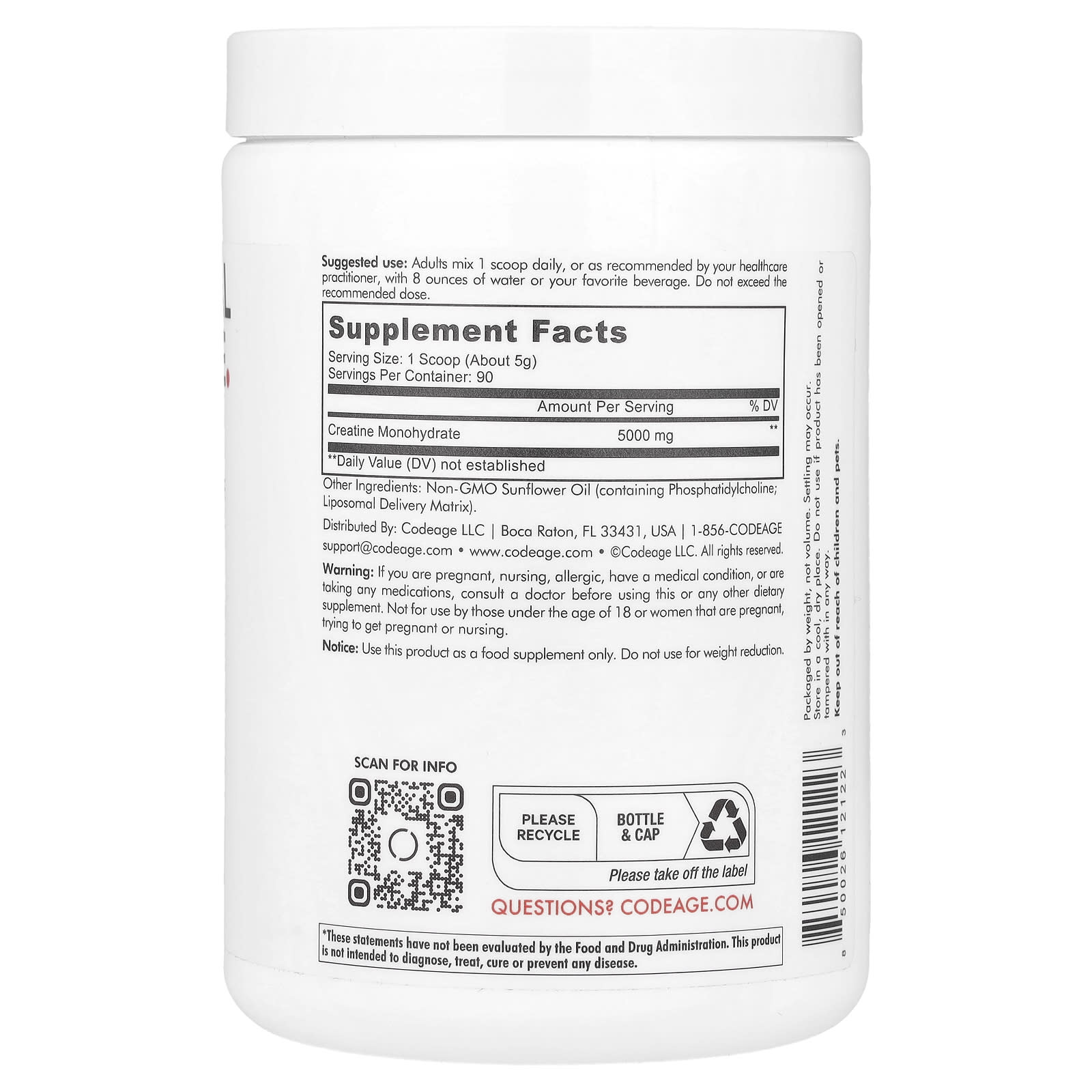 Codeage, Liposomal Creatine Sport, Monohydrate Phospholipid Complex Powder, Unflavored, 5,000 mg, 1 lb (455 g) UPC 850026121223 | HiLife Vitamins