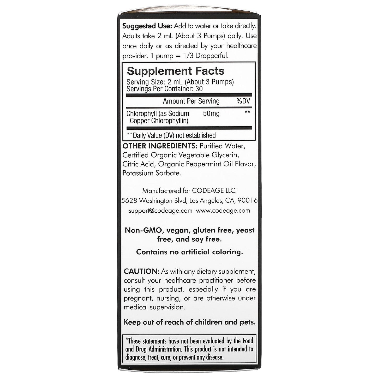 Codeage, Codeage, Vegan Chlorophyll+, Liquid Drops, Non-GMO, Peppermint, 50 mg, 2 fl oz (60 ml) UPC 850026121278 | HiLife Vitamins