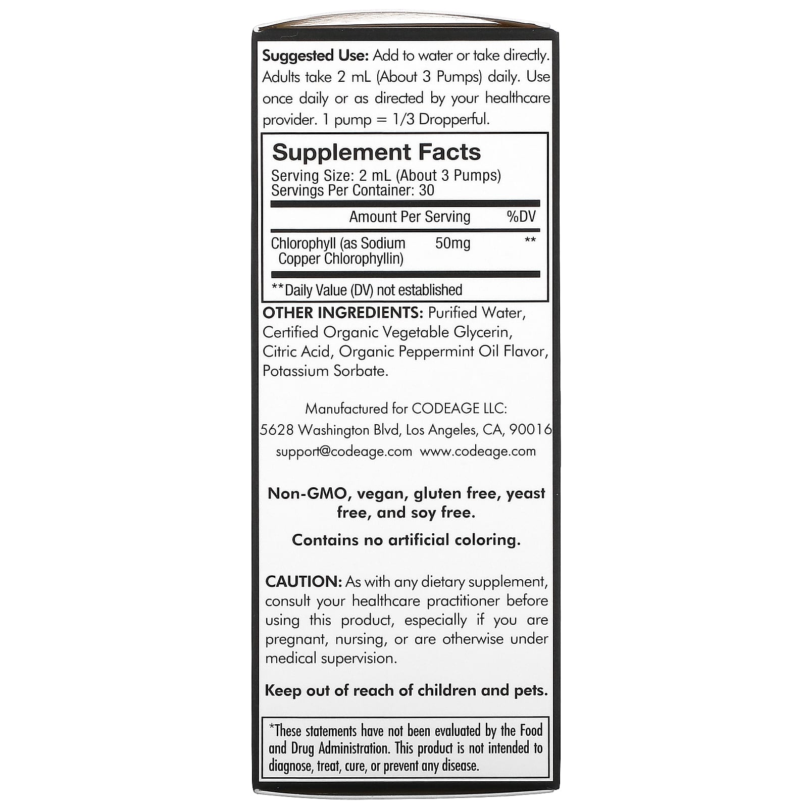 Codeage, Codeage, Vegan Chlorophyll+, Liquid Drops, Non-GMO, Peppermint, 50 mg, 2 fl oz (60 ml) UPC 850026121278 | HiLife Vitamins