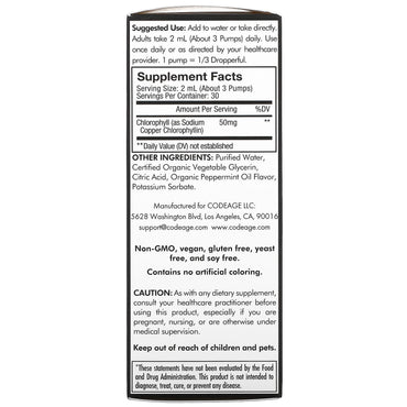 Codeage, Codeage, Vegan Chlorophyll+, Liquid Drops, Non-GMO, Peppermint, 50 mg, 2 fl oz (60 ml) UPC 850026121278 | HiLife Vitamins