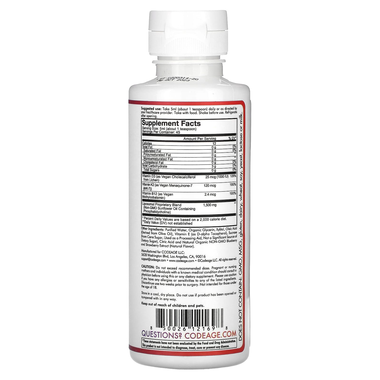 Codeage, Nanofood, Wonder-D, Plant-Based, D3 + K2 + B12, Liposomal Delivery, Mixed Berry, 7.6 fl oz (225 ml) UPC 850026121698 | HiLife Vitamins