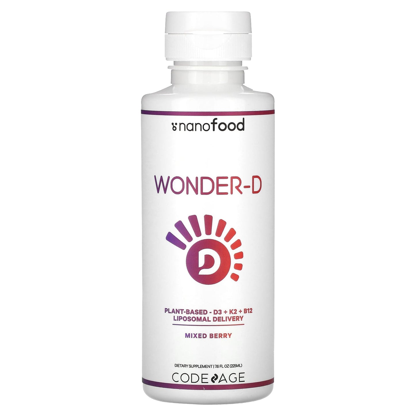 Codeage, Nanofood, Wonder-D, Plant-Based, D3 + K2 + B12, Liposomal Delivery, Mixed Berry, 7.6 fl oz (225 ml) UPC 850026121698 | HiLife Vitamins