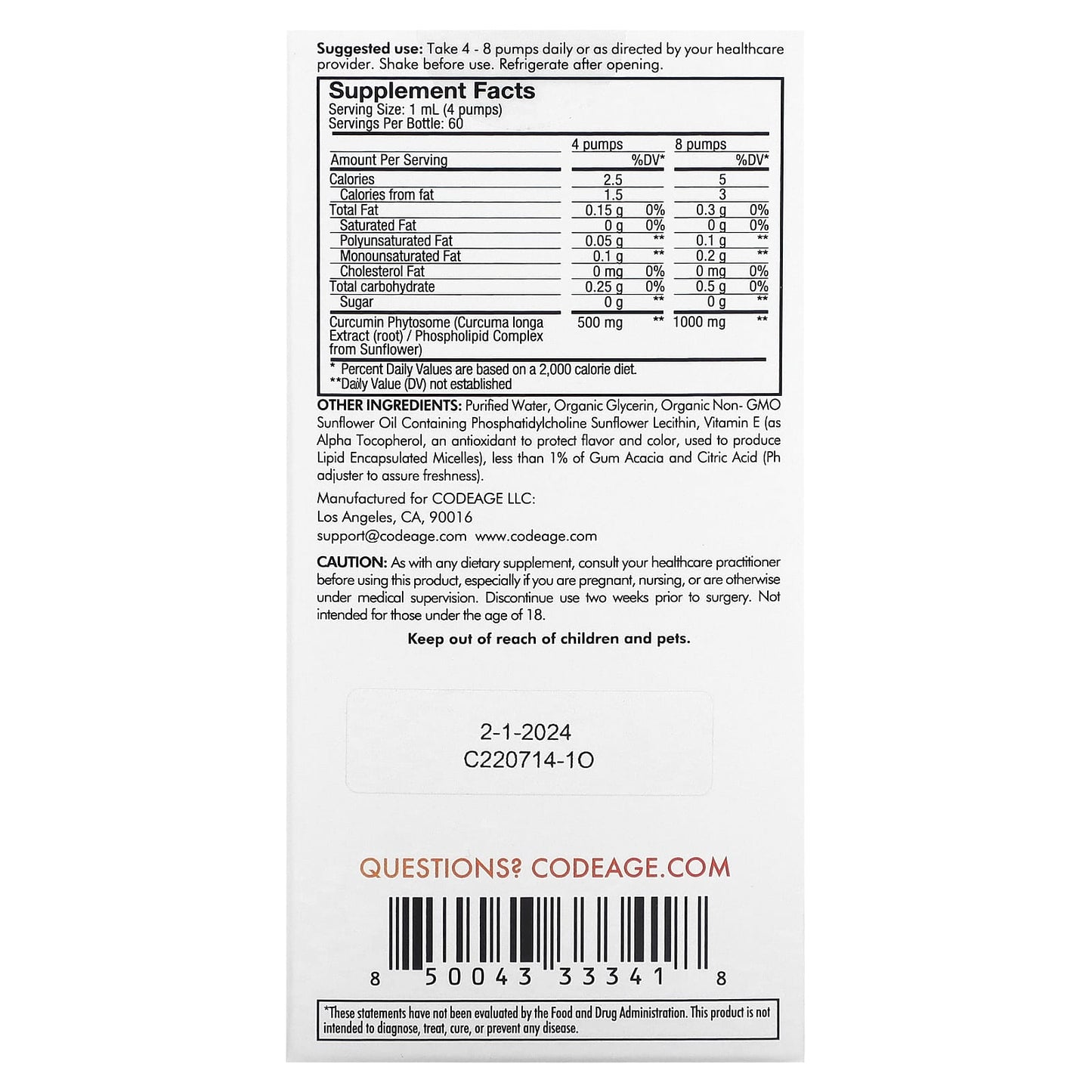 Codeage, Curcumin Phytosome, Citrus, 1,000 mg, 2 fl oz (59.2 ml) UPC 850043333418 | HiLife Vitamins