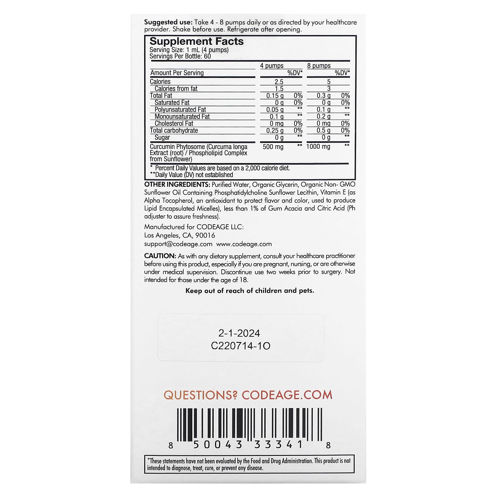 Codeage, Curcumin Phytosome, Citrus, 1,000 mg, 2 fl oz (59.2 ml) UPC 850043333418 | HiLife Vitamins