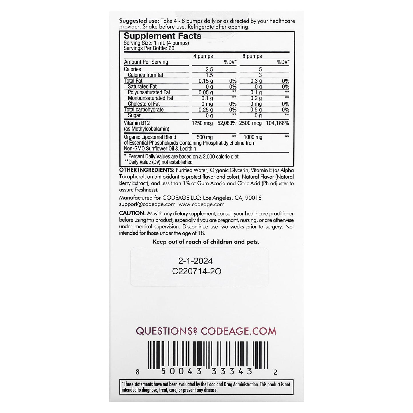 Codeage, Liposomal Vitamin B12, Mixed Berry, 2 fl oz (59.2 ml) UPC 850043333432 | HiLife Vitamins