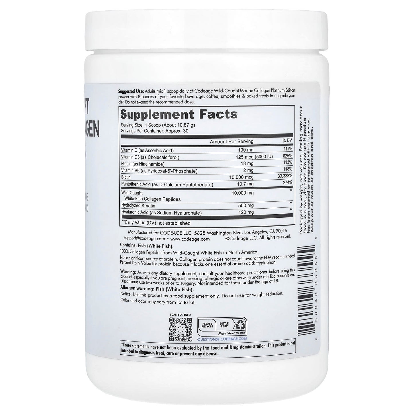 Codeage, Wild-Caught Marine Collagen Peptides Powder, Platinum, Unflavored, 11.5 oz (326 g) UPC 850043333555 | HiLife Vitamins