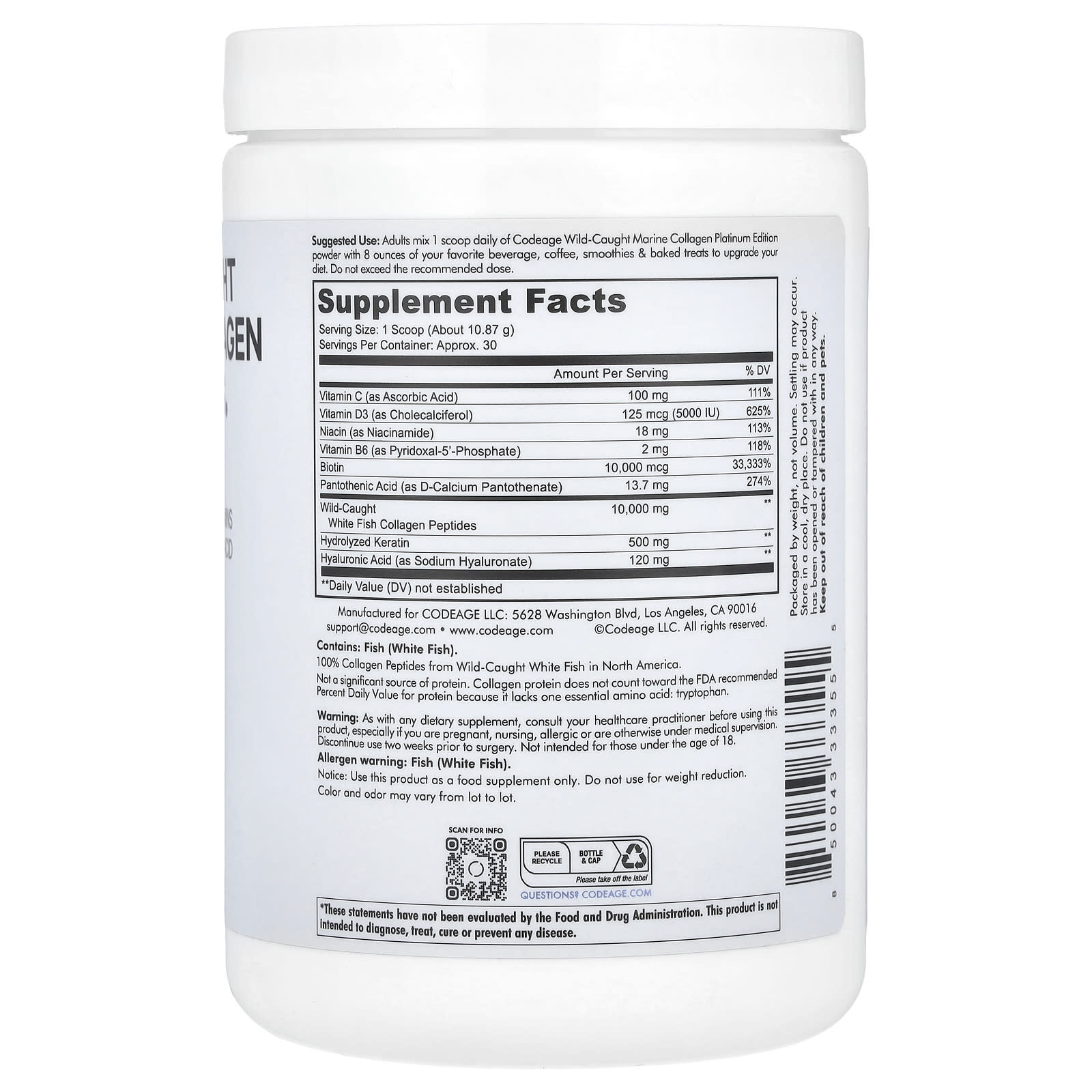 Codeage, Wild-Caught Marine Collagen Peptides Powder, Platinum, Unflavored, 11.5 oz (326 g) UPC 850043333555 | HiLife Vitamins