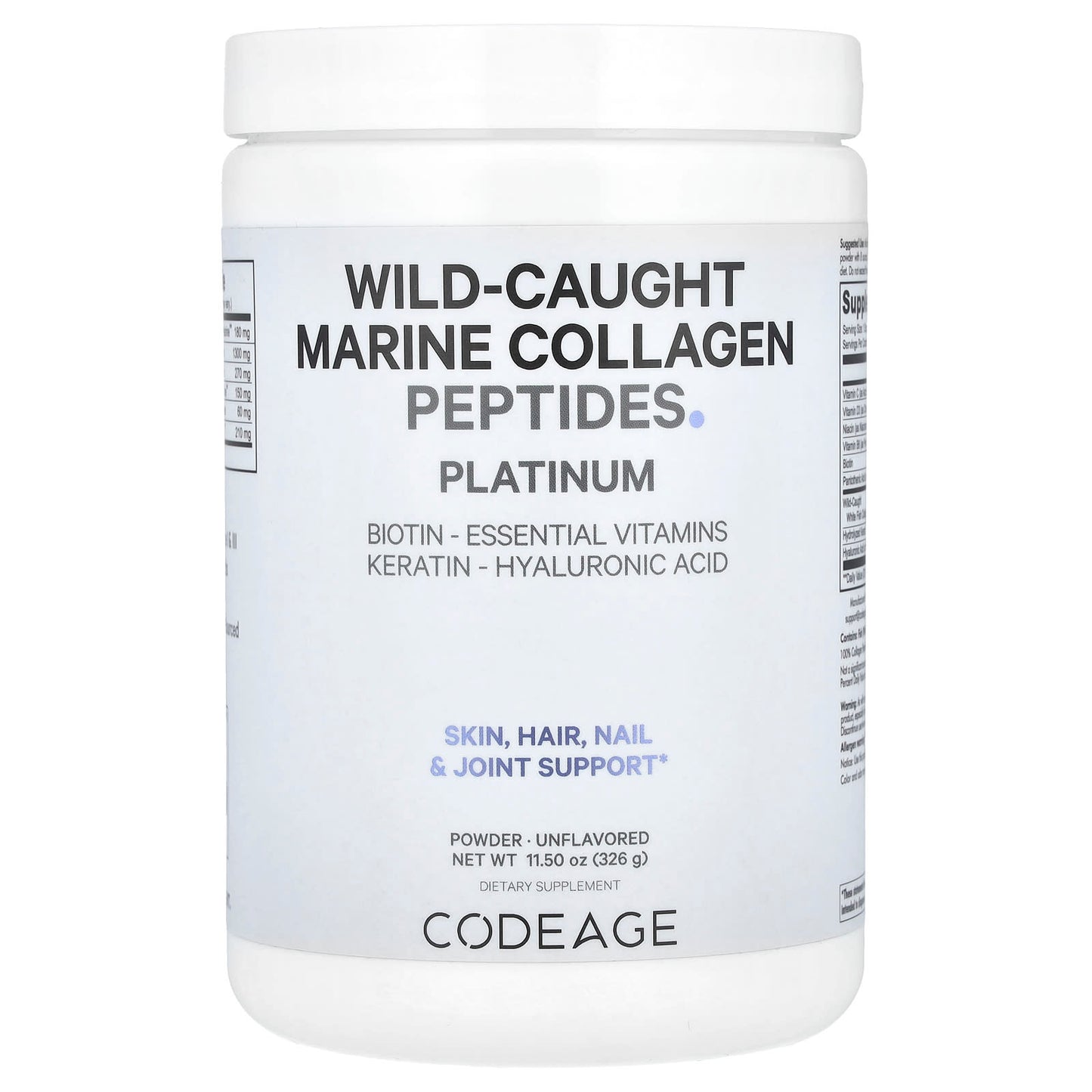 Codeage, Wild-Caught Marine Collagen Peptides Powder, Platinum, Unflavored, 11.5 oz (326 g) UPC 850043333555 | HiLife Vitamins