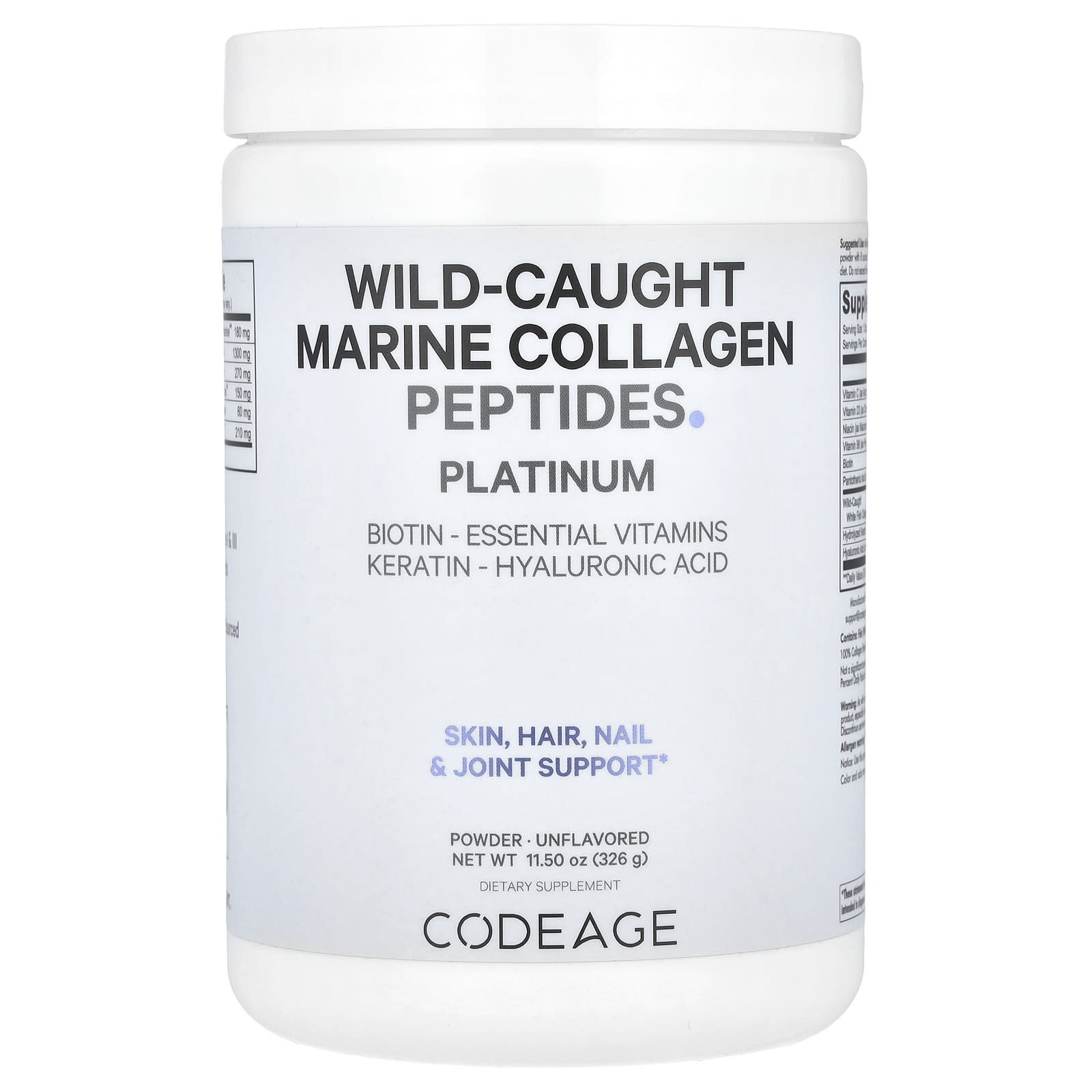 Codeage, Wild-Caught Marine Collagen Peptides Powder, Platinum, Unflavored, 11.5 oz (326 g) UPC 850043333555 | HiLife Vitamins