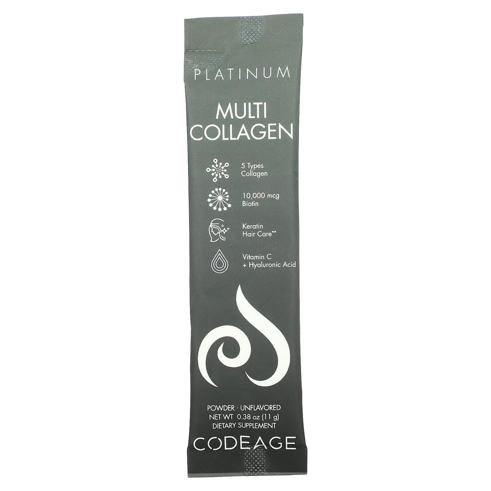 Codeage, Platinum, Multi Collagen Peptides, Biotin, Keratin, Vitamin C, Unflavored, 30 Packets UPC 850043333661 | HiLife Vitamins