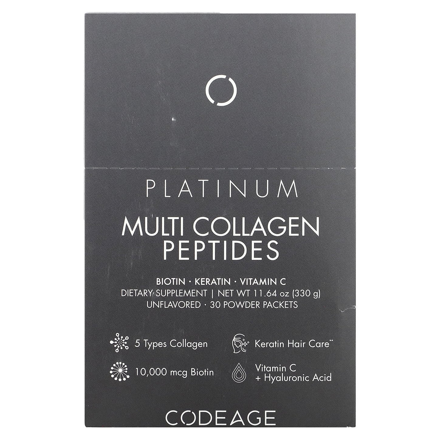 Codeage, Platinum, Multi Collagen Peptides, Biotin, Keratin, Vitamin C, Unflavored, 30 Packets UPC 850043333661 | HiLife Vitamins
