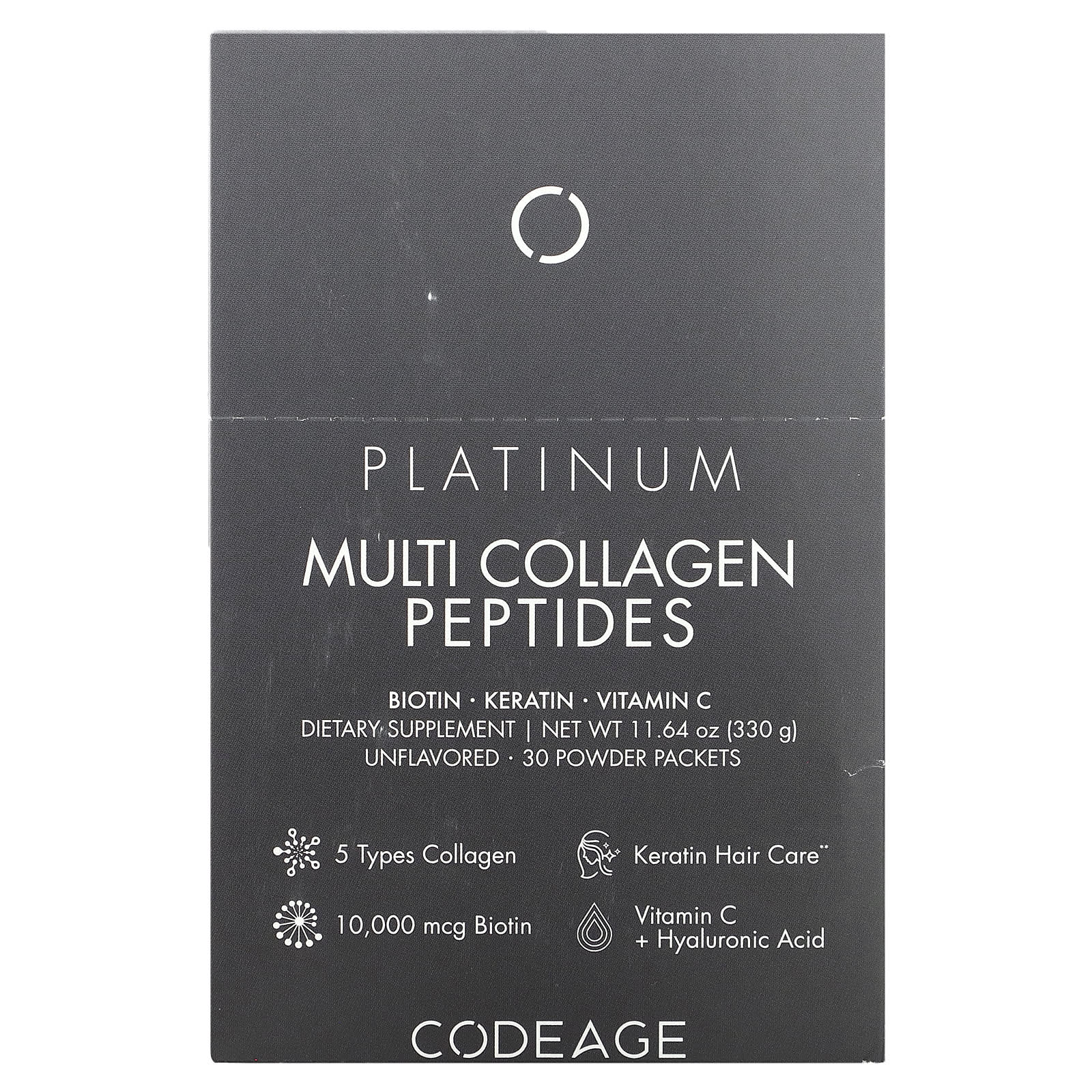Codeage, Platinum, Multi Collagen Peptides, Biotin, Keratin, Vitamin C, Unflavored, 30 Packets UPC 850043333661 | HiLife Vitamins