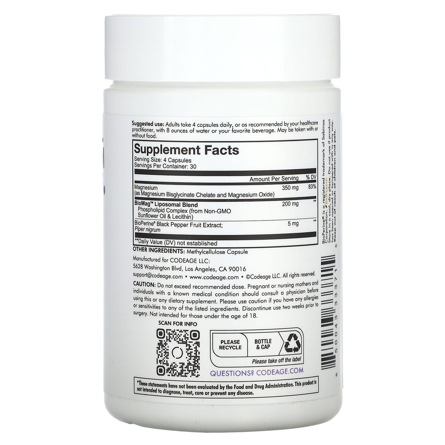 Codeage, Liposomal Magnesium Glycinate, 120 Capsules UPC 850043333715 | HiLife Vitamins