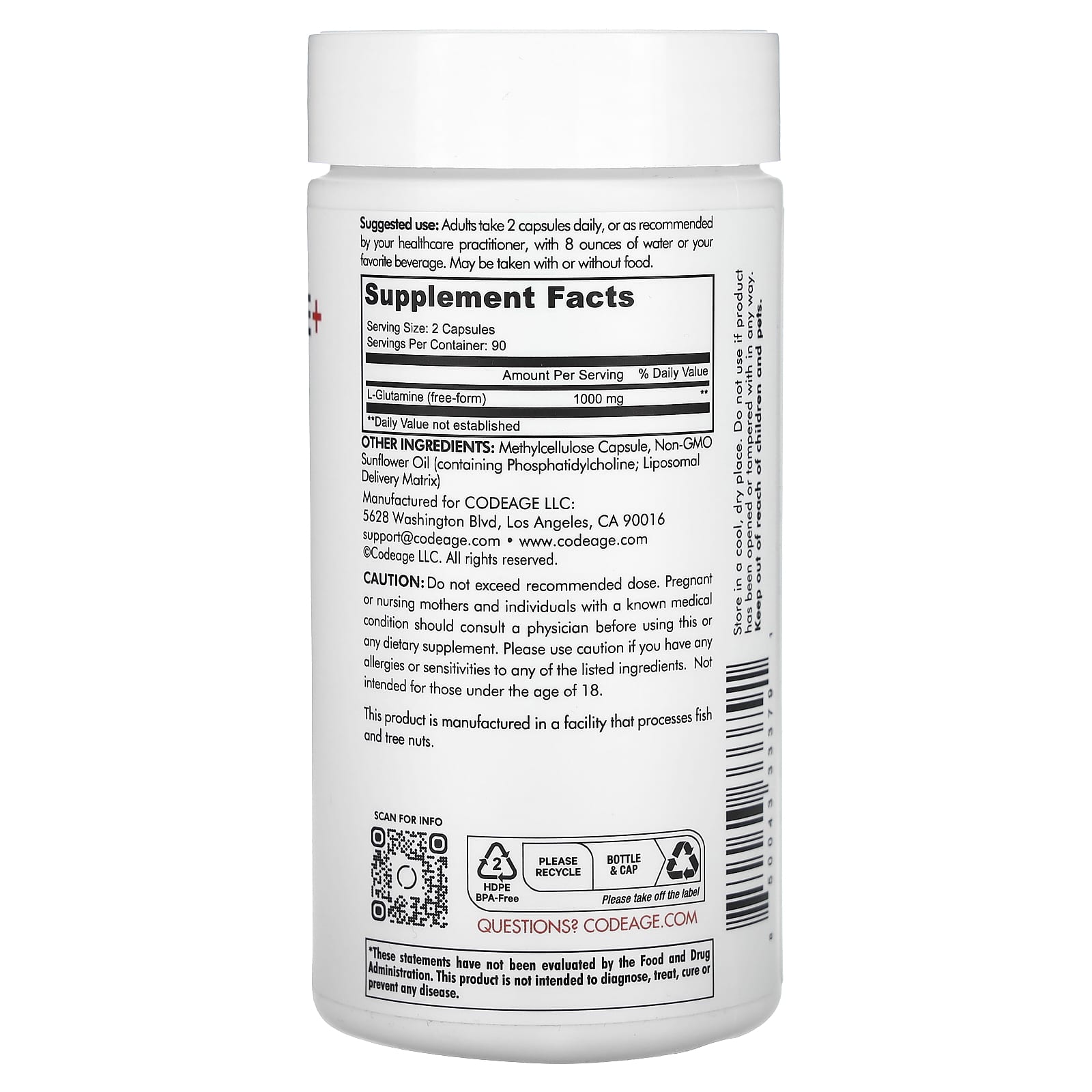 Codeage, Liposomal L-Glutamine+, 180 capsules UPC 850043333791 | HiLife Vitamins