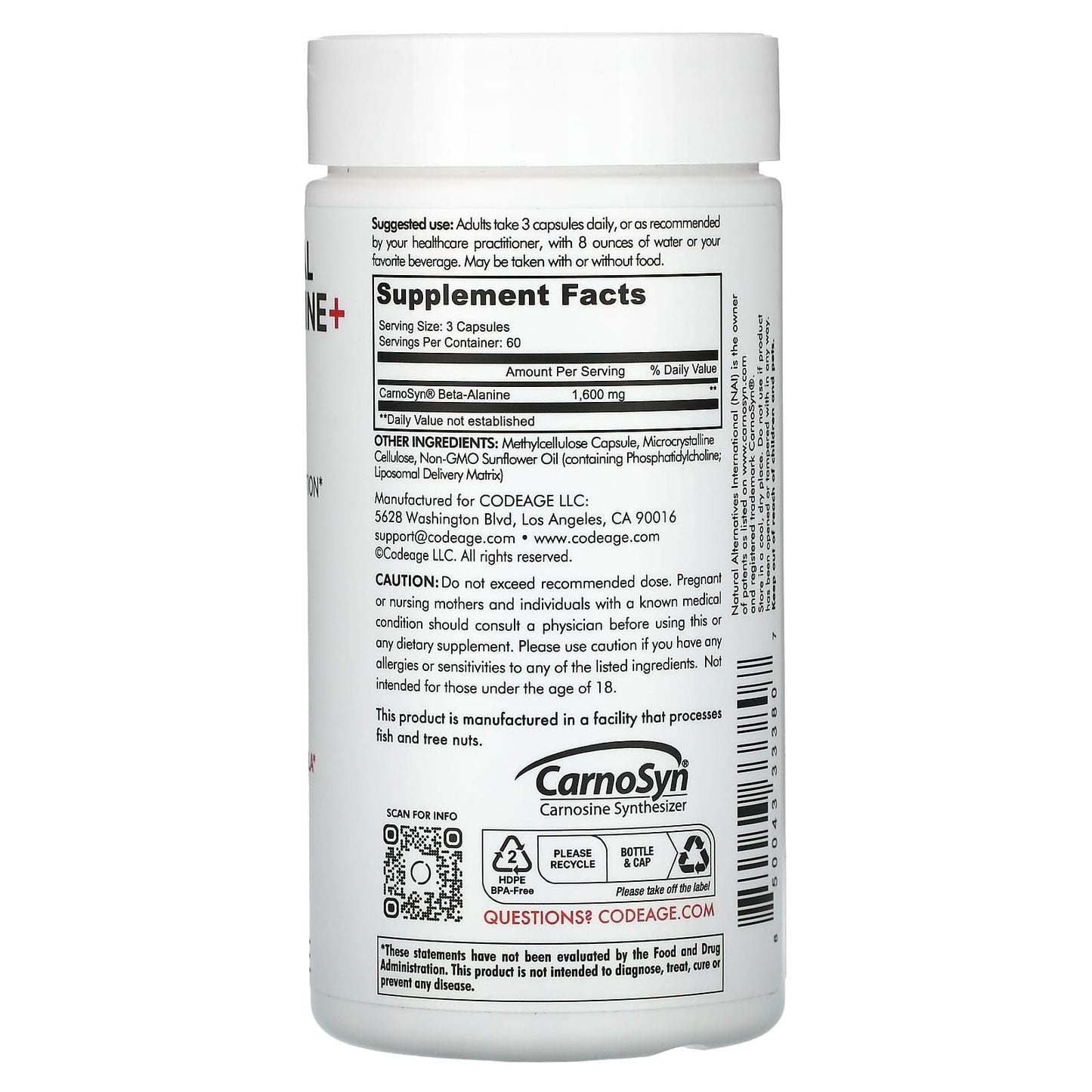Codeage, Liposomal Beta-Alanine+, Centurion, CarnoSyn, Enhanced Absorption, 180 Capsules UPC 850043333807 | HiLife Vitamins