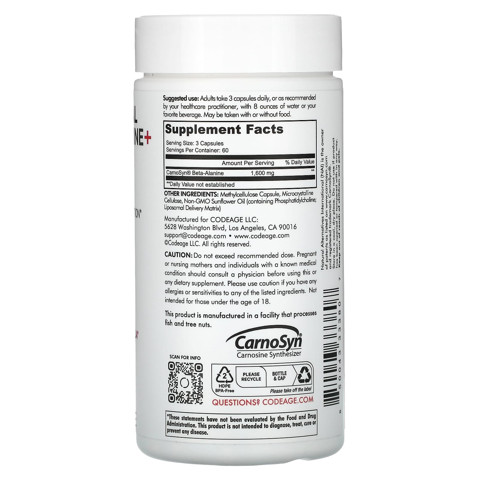 Codeage, Liposomal Beta-Alanine+, Centurion, CarnoSyn, Enhanced Absorption, 180 Capsules UPC 850043333807 | HiLife Vitamins