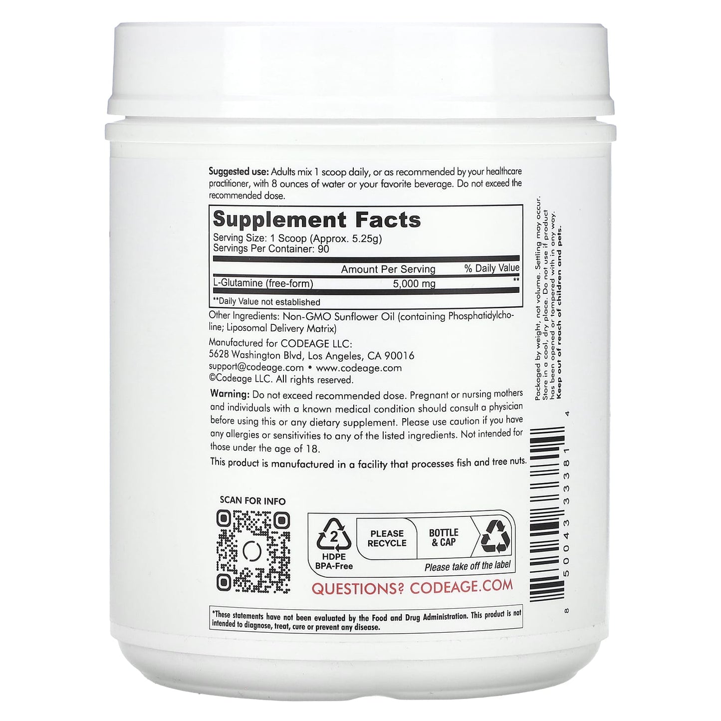 Codeage, Liposomal L-Glutamine+ Powder, Free-Form Amino Acid, Enhanced Absorption, Unflavored, 1 lb (472.5 g) UPC 850043333814 | HiLife Vitamins