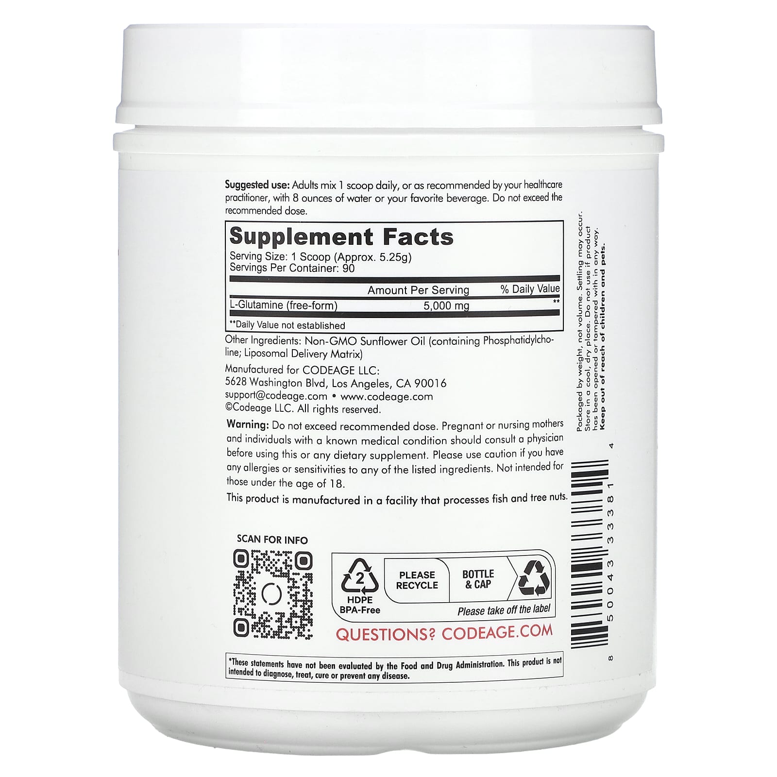 Codeage, Liposomal L-Glutamine+ Powder, Free-Form Amino Acid, Enhanced Absorption, Unflavored, 1 lb (472.5 g) UPC 850043333814 | HiLife Vitamins