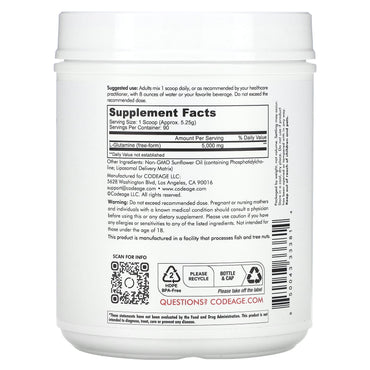 Codeage, Liposomal L-Glutamine+ Powder, Free-Form Amino Acid, Enhanced Absorption, Unflavored, 1 lb (472.5 g) UPC 850043333814 | HiLife Vitamins