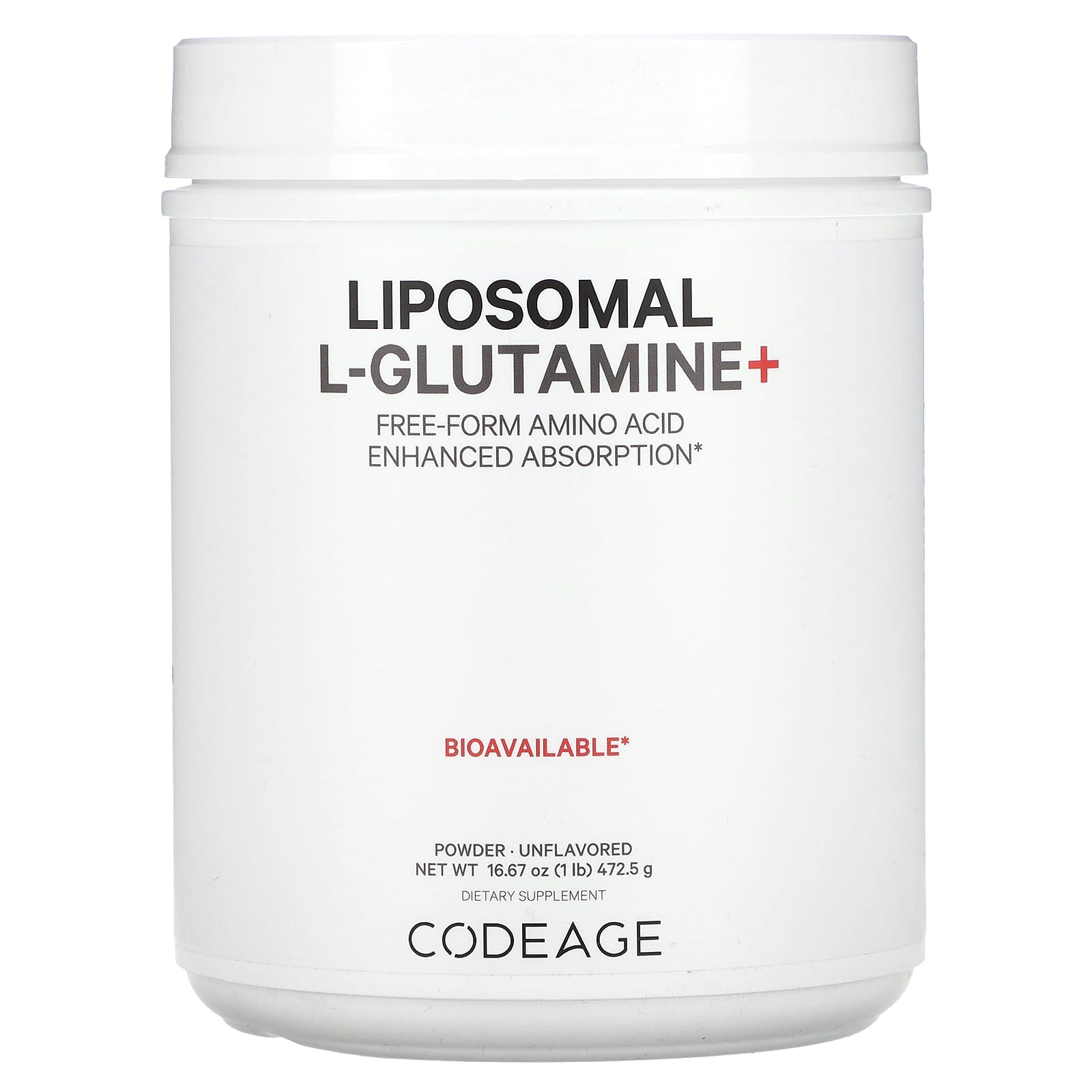 Codeage, Liposomal L-Glutamine+ Powder, Free-Form Amino Acid, Enhanced Absorption, Unflavored, 1 lb (472.5 g) UPC 850043333814 | HiLife Vitamins