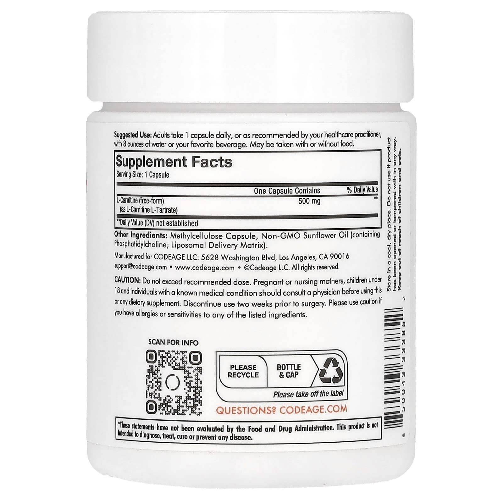 Codeage, Liposomal L-Carnitine+, 90 Capsules UPC 850043333852 | HiLife Vitamins
