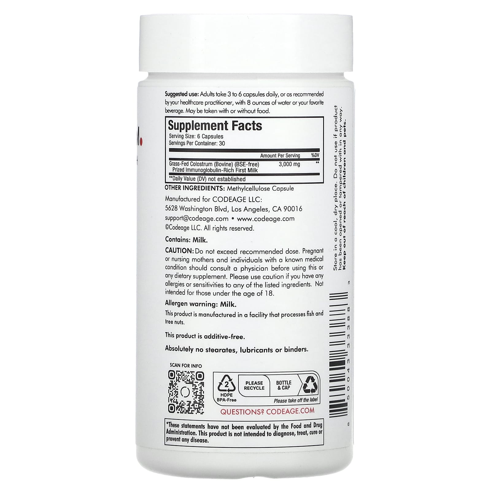 Codeage, Immuno Colostrum, 180 capsules UPC 850043333883 | HiLife Vitamins
